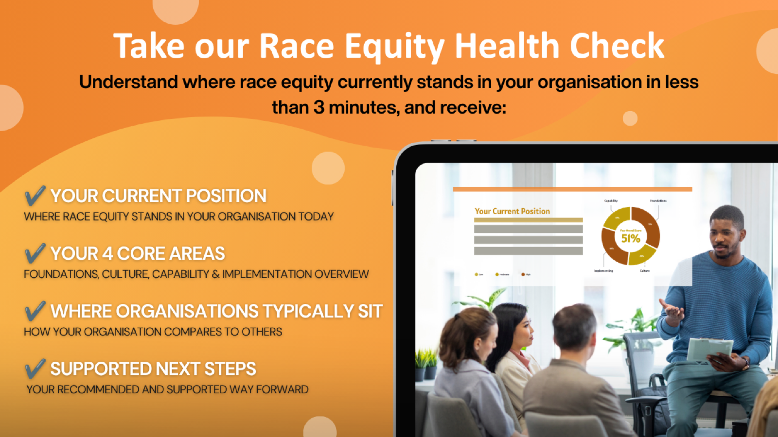 A snippet of the Race Equity Health Check results report